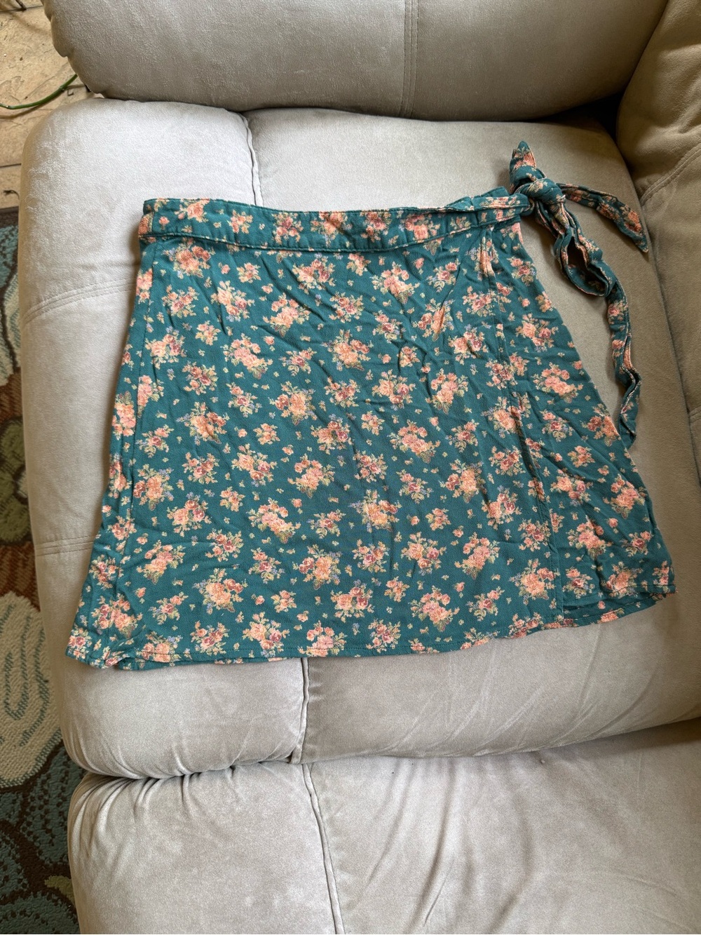 American Eagle Outfitters Teal Floral Wrap Mini Skirt with Pink Accents